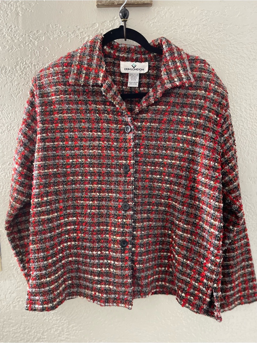 Vintage Y2K erin london women’s red plaid tweed button-down jacket blazer medium